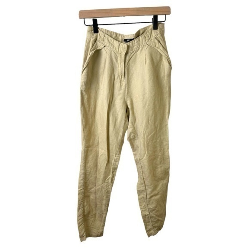 H&M Pants Womens 2 Linen Beige Slash Pockets Belt Loops Lightweight Demure Fall